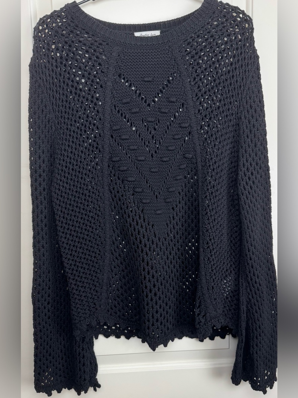 Another Love Black 100% Cotton Crochet Open Knit Bell Sleeve Sweater L